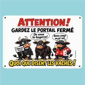 Plaque humouristique, Gardez le portail fermé, quoi que disent les vaches d'Hérens