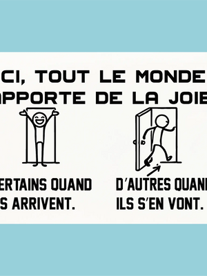 Plaque humoristique: Ici, tout le monde apporte de la joie - Lafourgoneta