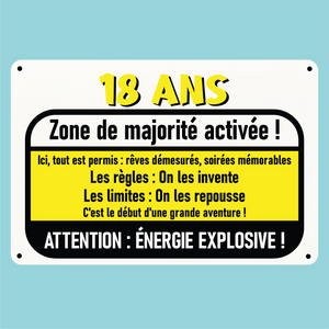 Plaque humoristique: 18 ans zone de majorité activée - Lafourgoneta