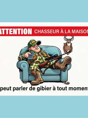Plaque humoristique: Attention chasseur à la maison, il peut parler de gibier - Lafourgoneta