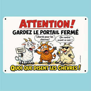 Plaque humouristique, Gardez le portail fermé, quoi que disent les chèvre