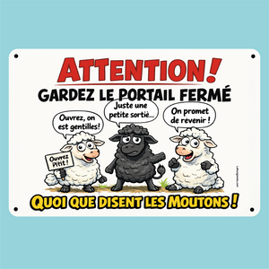 Plaque humouristique, Gardez le portail fermé, quoi que disent les moutons