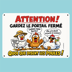Plaque humouristique, Gardez le portail fermé, quoi que disent les poules