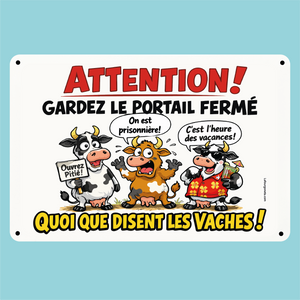 Plaque humouristique, Gardez le portail fermé, quoi que disent les vaches