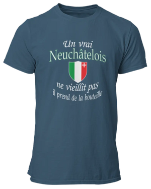 T-shirt Un vrai Neuchâtelois ne vieillit pas il prend de la bouteille LaFourgoneta