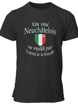 T-shirt Un vrai Neuchâtelois ne vieillit pas il prend de la bouteille LaFourgoneta