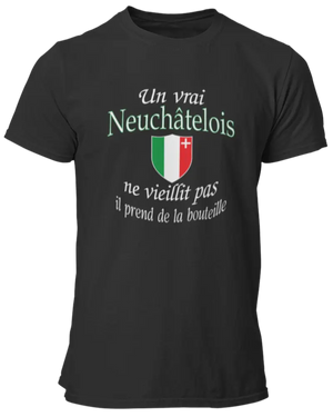 T-shirt Un vrai Neuchâtelois ne vieillit pas il prend de la bouteille LaFourgoneta