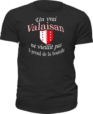 T-shirt Un vrai Valaisan ne vieillit pas, il prend de la bouteille La Fourgoneta